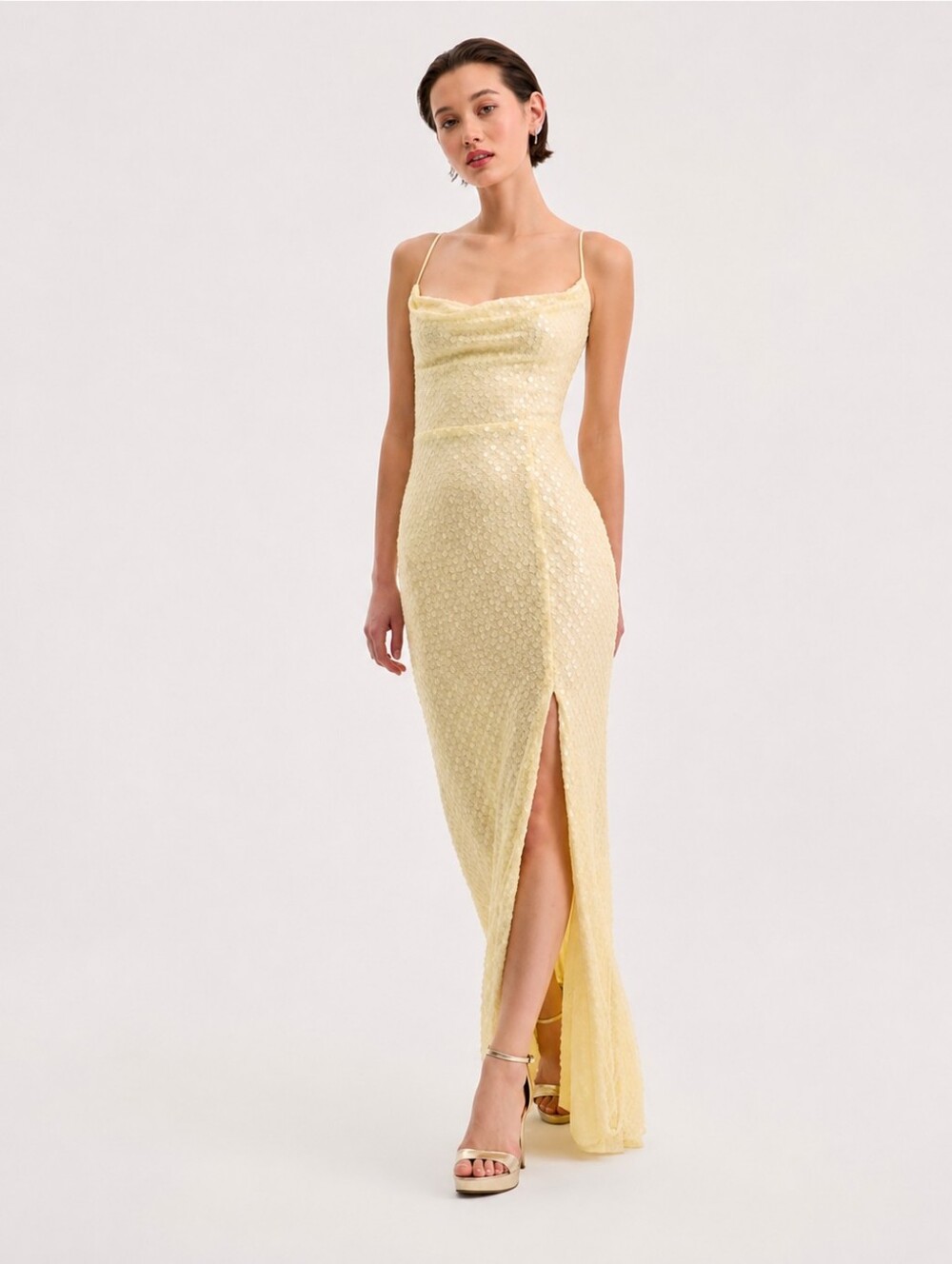 B Darlin Pale Yellow Sequin Cowl Maxi Dress Side Slit Size 11/12 Glow Prom